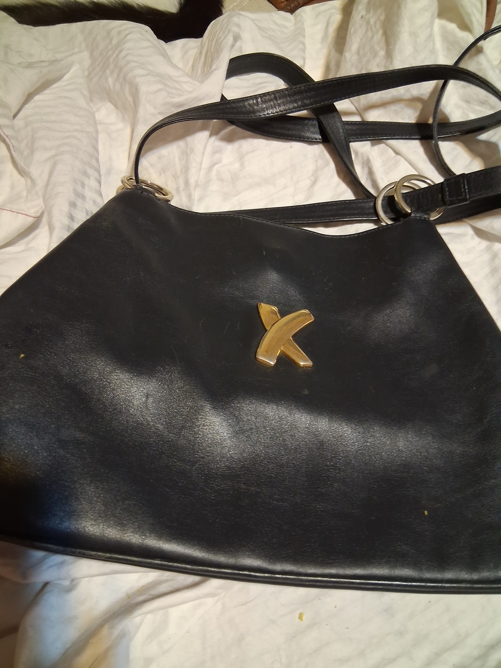 Vintage Paloma Picasso Navy Leather Crossbodu Bag with Gold "X" Accent